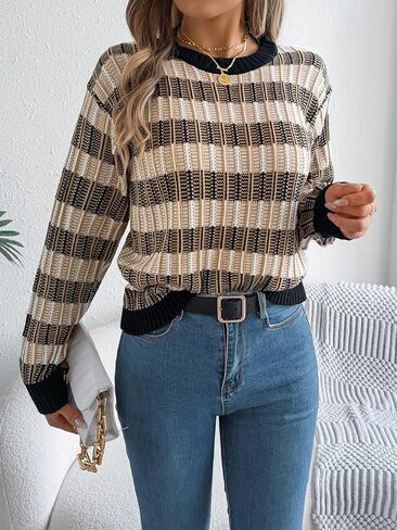 Fall Winter Sweater for Women Oversized Striped Color Block Long Sleeve Knit Pullover Tops Vintage Aesthetic Clothes in Saudi Arabia