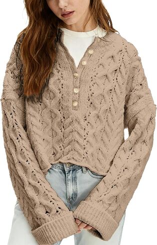Women's Chunky Cable Knit Sweater Casual Long Sleeve Crewneck Crochet Pullover Boho Fall Winter Tops in Saudi Arabia