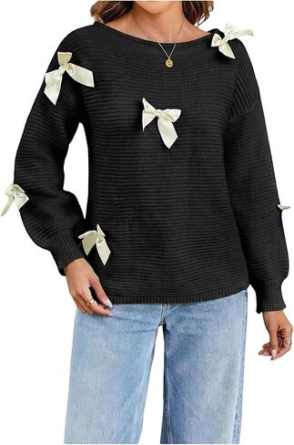 Verdusa Women's Off Shoulder Sweater Coquette Bow Long Sleeve Fall Sweaters Clothes Cozy Knit Tops in Saudi Arabia