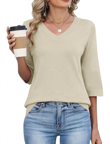 LUYAA Womens Sweaters 3/4 Sleeve Casual V Neck Spring Lightweight Knit Tops 2026 Trendy Pullovers S-XL in Kuwait
