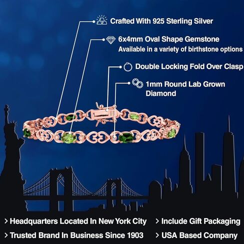 Gem Stone King 18K Rose Gold Plated Silver Green Peridot and Green Chrome Diopside and Lab Grown Diamond Bracelet For Women | 4.21 Cttw | Gemstone August Birthstone | Oval 6X4MM | Length 7.25 Inches in Saudi Arabia