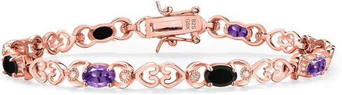Gemstone Birthstone and Black Onyx Heart Link Tennis Bracelet for Women | 18K Rose Gold Plated Silver | Oval 6X4MM | 7.25 Inch Length | Double Locking Fold Over Clasp | Fine Jewelry for Her Mom Wife in Saudi Arabia