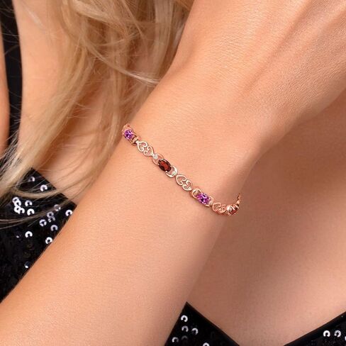 Gem Stone King 18K Rose Gold Plated Silver Pink Created Sapphire and Red Garnet and Lab Grown Diamond Bracelet For Women | 4.29 Cttw | Gemstone September Birthstone | Oval 6X4MM | Length 7.25 Inches in Saudi Arabia