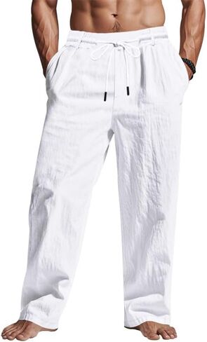 Men's Linen Pants Lightweight Drawstring Elastic Waist Pockets Loose Fit Straight Legs Summer Beach Yoga White in Saudi Arabia