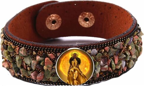 Gifts by Lulee, LLC Ochun Oshun Oxhun Leather Bracelet Encrusted with Gemstones Snap-on Cabochon and Lucite Dome Choose your image in Saudi Arabia