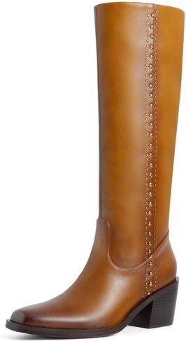 Womens Knee High Boots Chunky Square Toe Block Heel with Side Zipper Studded Metallic Rivets Riding Boots Fashion 2025 in Kuwait