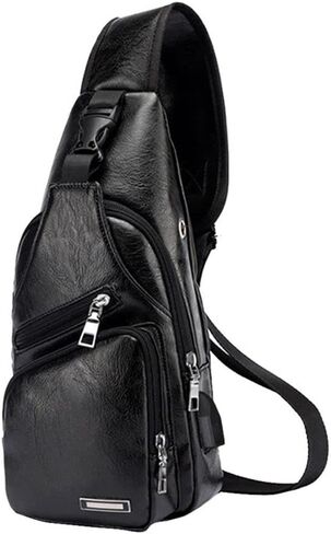 حقيبة صدر للرجال PU Crossbody Chest Pack | منظم مع 3 أقسام بسحاب | حزام قابل للتعديل للسفر في الهواء الطلق والتنقل في المناطق الحضرية (أسود) in Saudi Arabia