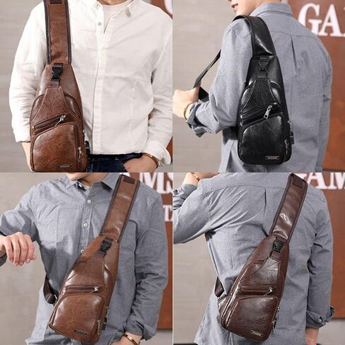 حقيبة صدر للرجال PU Crossbody Chest Pack | منظم مع 3 أقسام بسحاب | حزام قابل للتعديل للسفر في الهواء الطلق والتنقل في المناطق الحضرية (أسود) in Saudi Arabia
