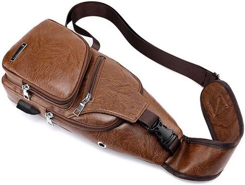 حقيبة صدر للرجال PU Crossbody Chest Pack | منظم مع 3 أقسام بسحاب | حزام قابل للتعديل للسفر في الهواء الطلق والتنقل في المناطق الحضرية (أسود) in Saudi Arabia