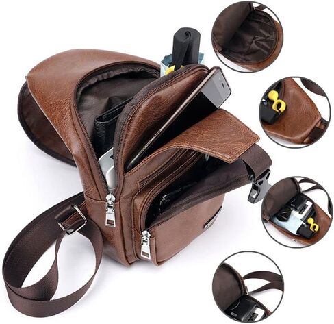حقيبة صدر للرجال PU Crossbody Chest Pack | منظم مع 3 أقسام بسحاب | حزام قابل للتعديل للسفر في الهواء الطلق والتنقل في المناطق الحضرية (أسود) in Saudi Arabia