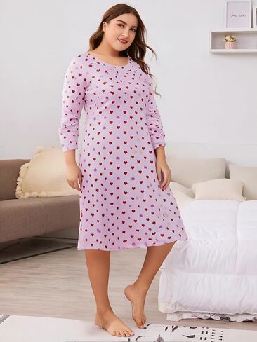 Women Plus Size Long Sleep Dress Nightgown with Heart Print Sleepwear in Saudi Arabia