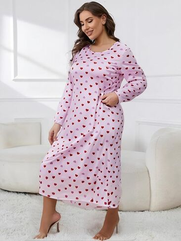 Women Plus Size Long Sleep Dress Nightgown with Heart Print Sleepwear in Saudi Arabia