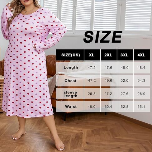 Women Plus Size Long Sleep Dress Nightgown with Heart Print Sleepwear in Saudi Arabia