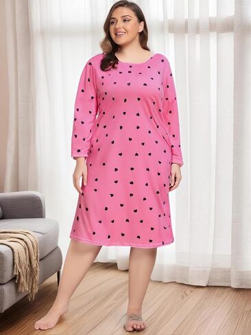 Women Plus Size Long Sleep Dress Nightgown with Heart Print Sleepwear in Saudi Arabia