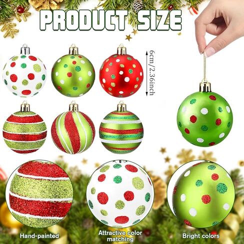 12 قطعة من زخارف كرة عيد الميلاد للشجرة، 2.4 بوصة لمبات معلقة لامعة لتزيين شجرة عيد الميلاد باللونين الأحمر والأخضر in Kuwait