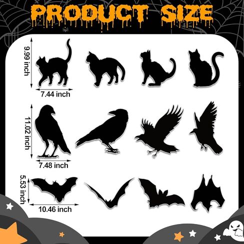 Honoson 12 Pcs Halloween Silhouettes Cutouts Assorted Cat Bat Crow Cardstock Paper Cut Outs Silhouettes Happy Halloween Scary Animal Accents for Family Home Wall Door Window Party Decoration in Saudi Arabia