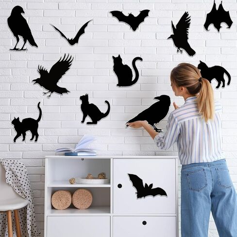 Honoson 12 Pcs Halloween Silhouettes Cutouts Assorted Cat Bat Crow Cardstock Paper Cut Outs Silhouettes Happy Halloween Scary Animal Accents for Family Home Wall Door Window Party Decoration in Saudi Arabia