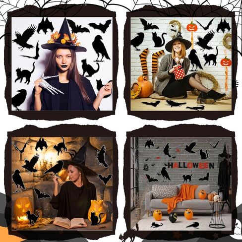 Honoson 12 Pcs Halloween Silhouettes Cutouts Assorted Cat Bat Crow Cardstock Paper Cut Outs Silhouettes Happy Halloween Scary Animal Accents for Family Home Wall Door Window Party Decoration in Saudi Arabia