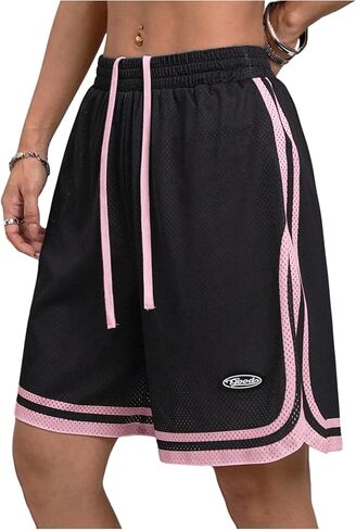 Milumia Women's Striped Letter Patched Mesh Shorts Elastic High Waist Split Wide Leg Casual Track Shorts in Saudi Arabia