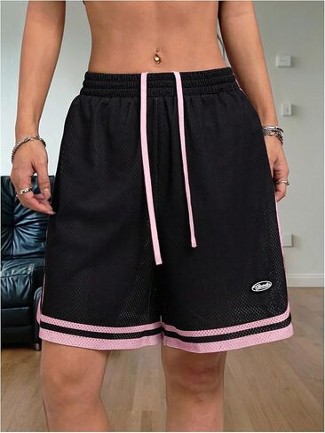 Milumia Women's Striped Letter Patched Mesh Shorts Elastic High Waist Split Wide Leg Casual Track Shorts in Saudi Arabia