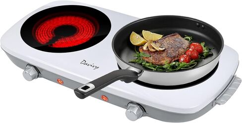 Davivy Hot Plate Electric Double Burner,1800W Rapid Heating Portable Cooktop with 7.9inch Crystallite Ceramic Glass Top,Flexible Temperature Settings,Lightweight Design for Cooking (Double-White) in Kuwait