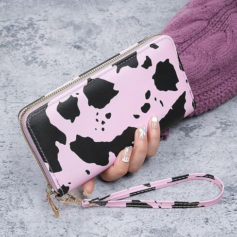 Cow Print PU Leather Wallet Zip Around Cash Coin Card Phone Holder Women Girls Wallet Long Wristlet Purse Clutch Handbag（White） in Saudi Arabia