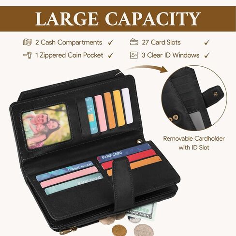 Mayski Wallet for Women Large Capacity Bifold RFID Blocking Vegan PU Leather Credit Card Holder Wristlet Women Wallet with Zipper Coin Pocket, 27 Card Slots & 3 ID Windows in Saudi Arabia