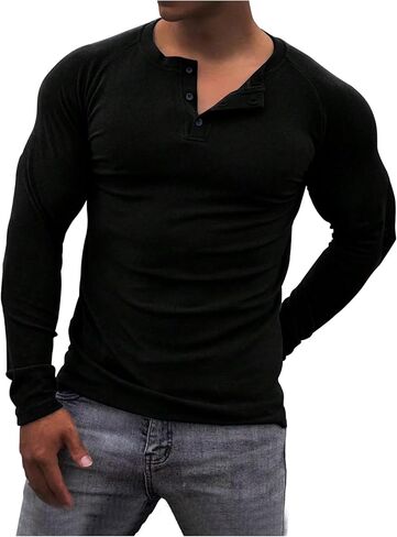 Men's Henley T Shirts Long Sleeve Button Crewneck Tee Tops Casual Fall Base Layer Top in Saudi Arabia