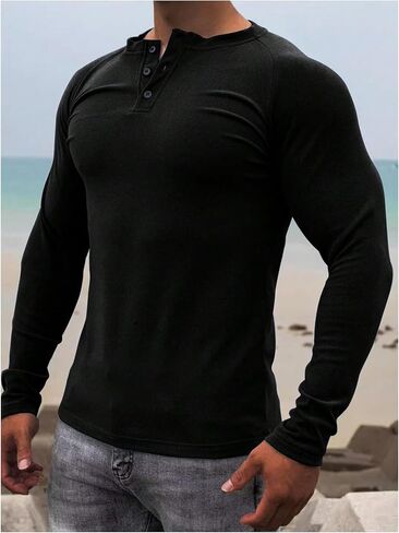 Men's Henley T Shirts Long Sleeve Button Crewneck Tee Tops Casual Fall Base Layer Top in Saudi Arabia