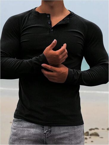 Men's Henley T Shirts Long Sleeve Button Crewneck Tee Tops Casual Fall Base Layer Top in Saudi Arabia