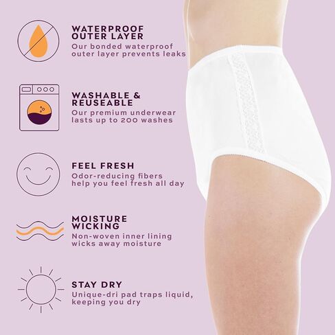 Wearever 3-Pack Women's White Nylon and Lace Regular Absorbency Incontinence Panties 150 ml 1X (Fits Hip 43-44") in Saudi Arabia