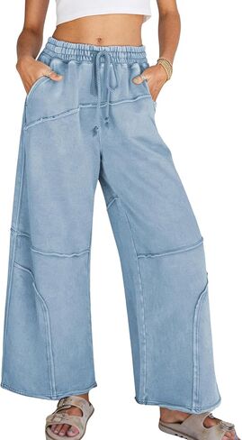 Athlisan Womens Casual Wide Leg Sweatpants High Waist Acid Wash Palazzo Pants with Pockets in Saudi Arabia
