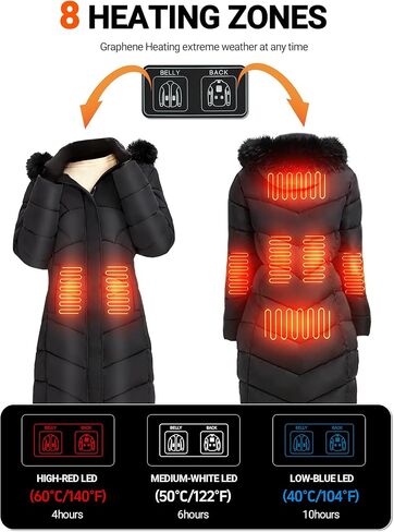 Graphene Women's Heated Jacket, Long Heated Coats for Women with Battery Pack 8 Heating Zones for Winter Outdoor in Saudi Arabia