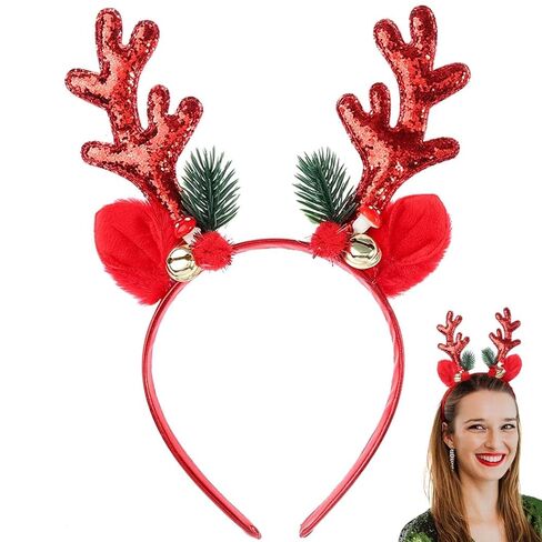 Christmas Headbands for Women Antler Headband with Sequin Glitter Elk Ears Antlers Headbands for New Year (Red) in Saudi Arabia