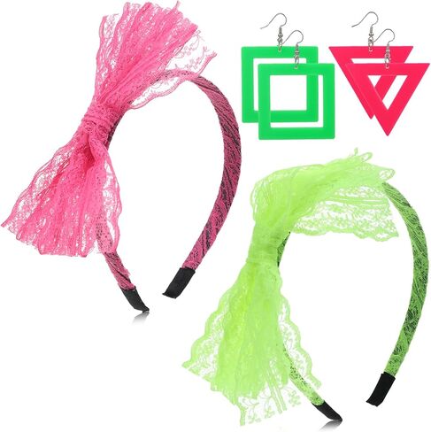 80s Headband and Earrings for Women, 80s Hair Accessories for Women, 80's Neon Earrings and Neon Headband with Lace for 80's Clothing Theme Party in Saudi Arabia