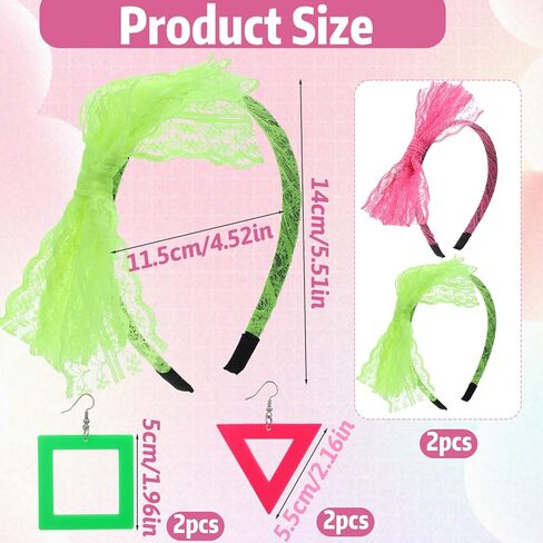 80s Headband and Earrings for Women, 80s Hair Accessories for Women, 80's Neon Earrings and Neon Headband with Lace for 80's Clothing Theme Party in Saudi Arabia