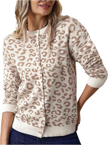 SHENHE Women's Leopard Cardigan Button Up Crew Neck Fall Knit Cheetah Print Sweater Cardigan in Saudi Arabia
