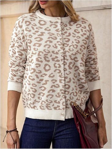 SHENHE Women's Leopard Cardigan Button Up Crew Neck Fall Knit Cheetah Print Sweater Cardigan in Saudi Arabia