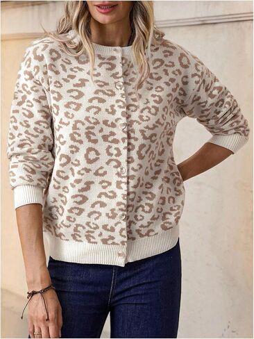 SHENHE Women's Leopard Cardigan Button Up Crew Neck Fall Knit Cheetah Print Sweater Cardigan in Saudi Arabia