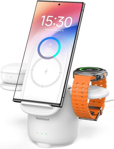 Wireless Charger for Samsung S25 Ultra, 3 in 1 Charging Station for Samsung S25/S24/S23/S22, Watch Charger for Galaxy Watch 7/Ultra/6/5, Galaxy Buds 3/Pro, SwanScout 707S (No Adapter) (Black) in Kuwait