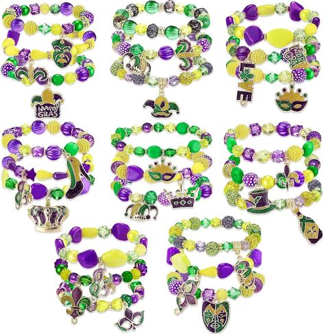 Landical Mardi Gras Bracelets for Women Beaded Stretch Bracelet Glitter Mask Crown Iris Bracelets Purple Green Gold Beaded Bracelet Set for Mardi Gras Accessory Carnival Parade Outfits in Saudi Arabia