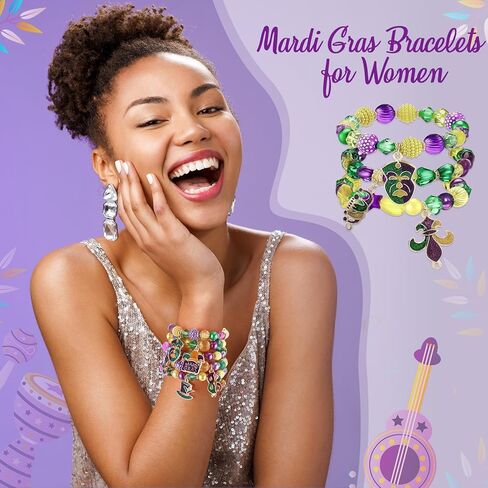 Landical Mardi Gras Bracelets for Women Beaded Stretch Bracelet Glitter Mask Crown Iris Bracelets Purple Green Gold Beaded Bracelet Set for Mardi Gras Accessory Carnival Parade Outfits in Saudi Arabia