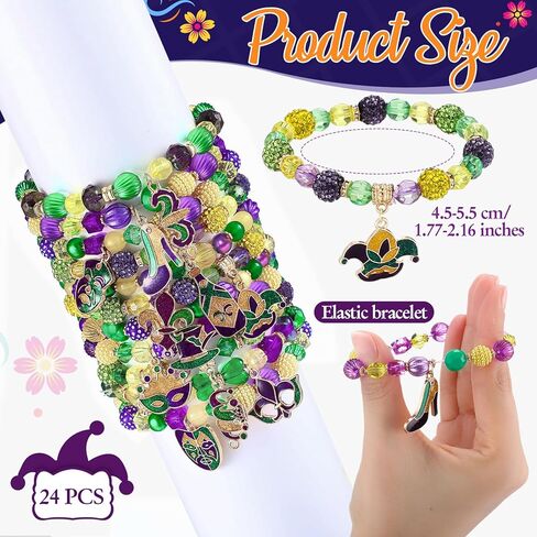 Landical Mardi Gras Bracelets for Women Beaded Stretch Bracelet Glitter Mask Crown Iris Bracelets Purple Green Gold Beaded Bracelet Set for Mardi Gras Accessory Carnival Parade Outfits in Saudi Arabia
