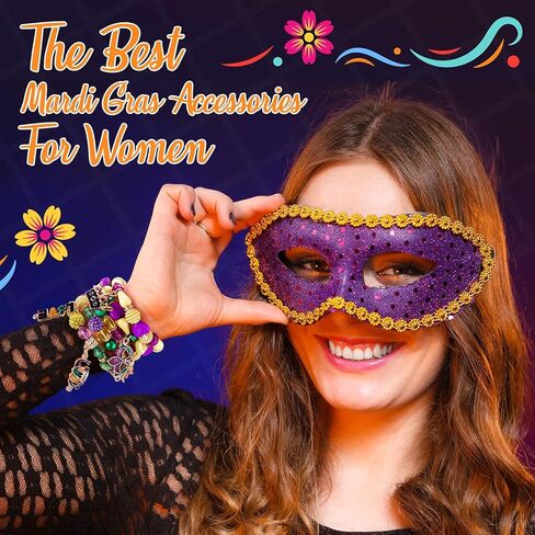 Landical Mardi Gras Bracelets for Women Beaded Stretch Bracelet Glitter Mask Crown Iris Bracelets Purple Green Gold Beaded Bracelet Set for Mardi Gras Accessory Carnival Parade Outfits in Saudi Arabia