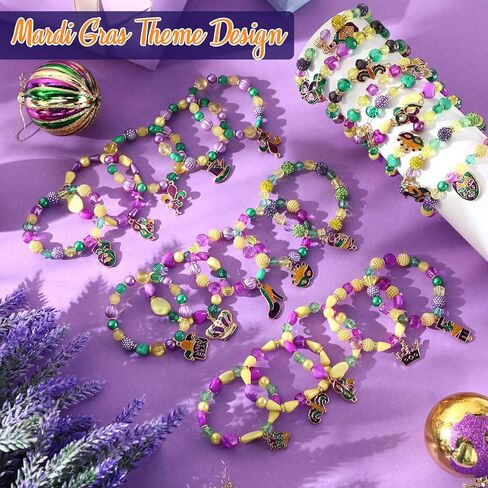 Landical Mardi Gras Bracelets for Women Beaded Stretch Bracelet Glitter Mask Crown Iris Bracelets Purple Green Gold Beaded Bracelet Set for Mardi Gras Accessory Carnival Parade Outfits in Saudi Arabia