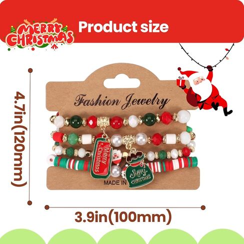 4PCS Cute Christmas Bracelets, Rainbow Candy Style Merry Christmas Tree, Santa, Snowmen Beaded Stackable Stretchy Bracelet in Saudi Arabia