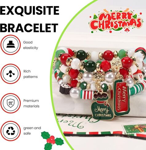 4PCS Cute Christmas Bracelets, Rainbow Candy Style Merry Christmas Tree, Santa, Snowmen Beaded Stackable Stretchy Bracelet in Saudi Arabia