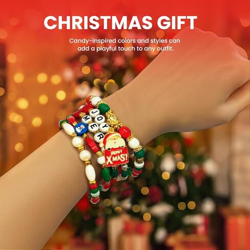 4PCS Cute Christmas Bracelets, Rainbow Candy Style Merry Christmas Tree, Santa, Snowmen Beaded Stackable Stretchy Bracelet in Saudi Arabia