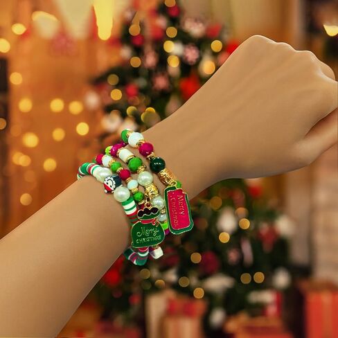 4PCS Cute Christmas Bracelets, Rainbow Candy Style Merry Christmas Tree, Santa, Snowmen Beaded Stackable Stretchy Bracelet in Saudi Arabia