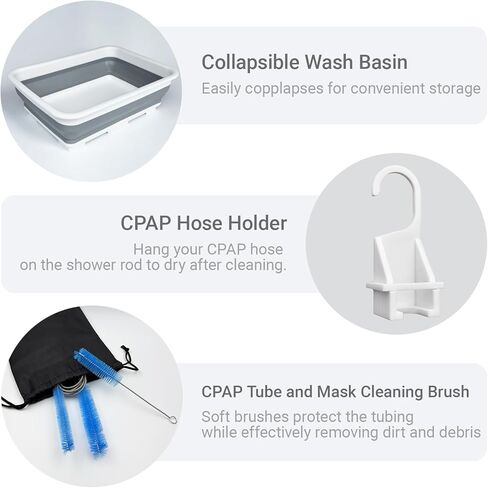 طقم تنظيف أنبوب CPAP مكون من 9 قطع، حوض غسيل قابل للطي، حامل خرطوم CPAP، مشابك أنبوب CPAP، حامل أنابيب CPAP، فرشاة تنظيف الأنبوب تناسب أنابيب قطرها القياسية 15-22 مم مع حقيبة تخزين in Saudi Arabia